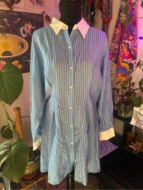 Blue Pinstripe Women’s Button-Down Shirt Dress with White Collar